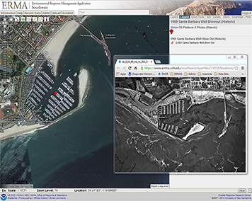 A screenshot showing Santa Barbara Harbor today using NOAA's online mapping tool, ERMA, along with a historical photo of the harbor during the 1969 Platform A well blowout.