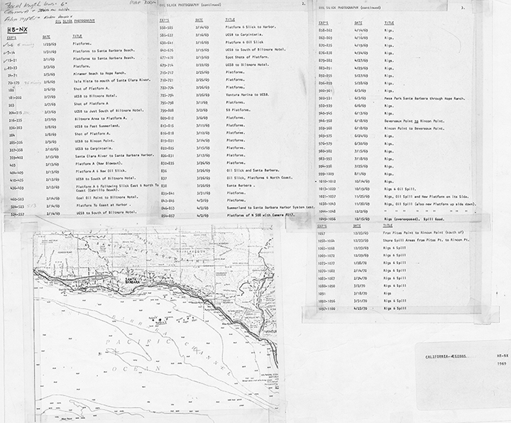 A list of historical overflight photos of the California coast and accompanying map of the oil platforms in the area of the Platform “A” well blowout in early 1969. (Courtesy of the University of California Santa Barbara Map and Image Library) Click to view larger. A list of historical overflight photos of the California coast and accompanying map of the oil platforms in the area of the Platform