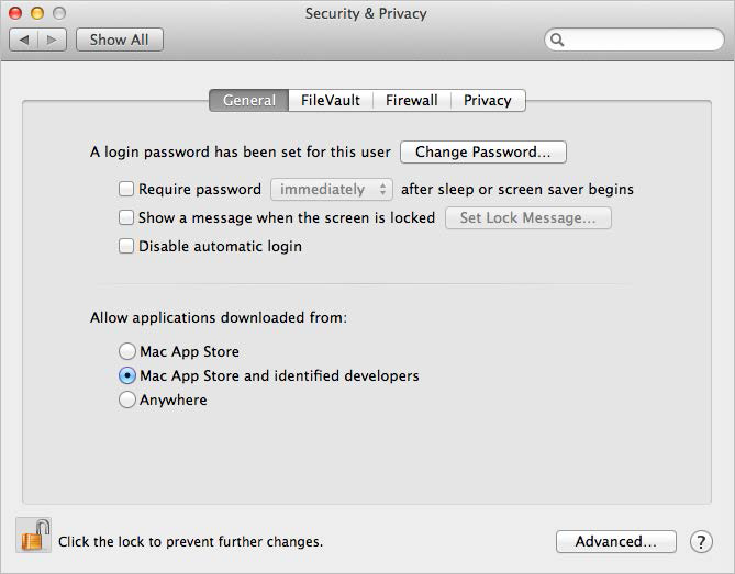 The General tab of the Security & Privacy settings window. You can modify the Gatekeeper settings by unlocking the settings window and then choosing a different option from the Allow Applications Downloaded From section. The default setting for many computers is the one shown here: Allow applications downloaded from Mac App Store and identified developers.