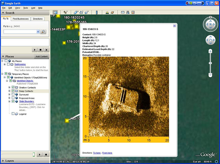 A side scan sonar image of a possible container off the Gulf Coast.
