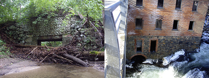 Left: Tree branches piled up in front of an old stone bridge's culvert in a wooded creek. Right: Old brick building next to creek.