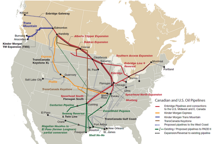 A map of current and proposed Canadian and U.S. oil pipelines which carry tar sands oils.