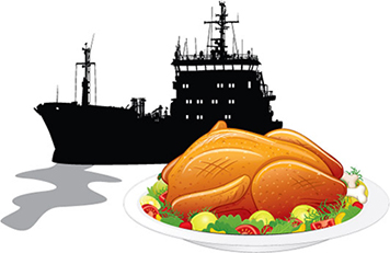 Thanksgiving turkey with a spill from a ship.