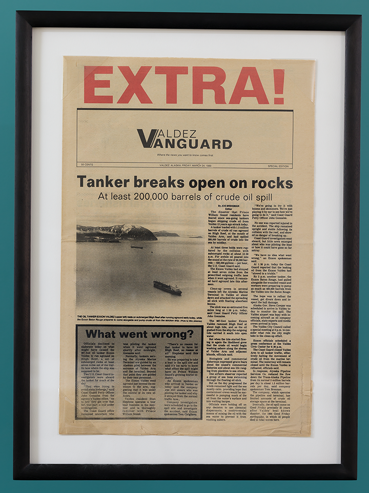 A framed copy of the front page of the local newspaper in Valdez, Alaska, first reporting on the Exxon Valdez’s grounding and oil spill on March 24, 1989.
