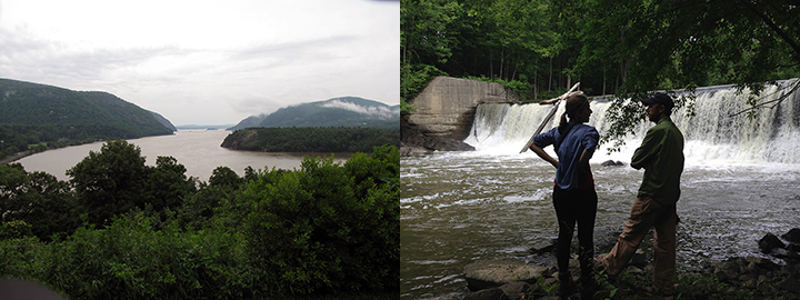 Left: View of Hudson River with forested banks. Right: Two people stand in front of a dam on a creek.