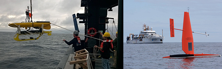 Left: Three people on a ship guide a wave glider as it's lowered into the ocean. Right: A bright orange Saildrone floats in front of a NOAA ship in the Bering Sea.
