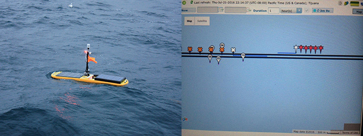Left: A wave glider floating in the ocean. Right: Screen view of software tracking and driving two wave gliders in the Bering Sea.