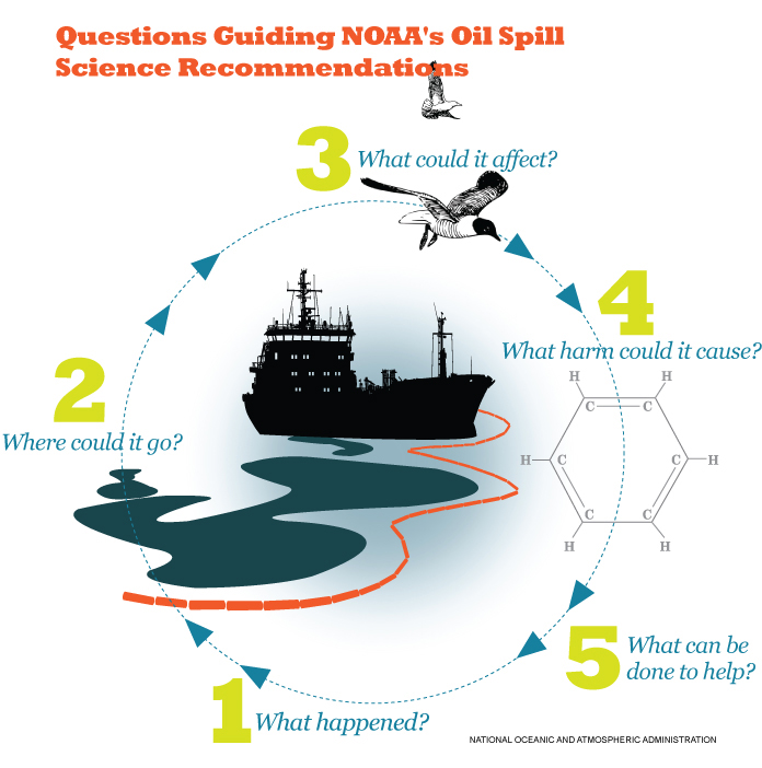 Graphic showing five questions guiding NOAA's oil spill response science, with a ship leaking oil surrounded by boom, with flying birds and a benzene molecule.