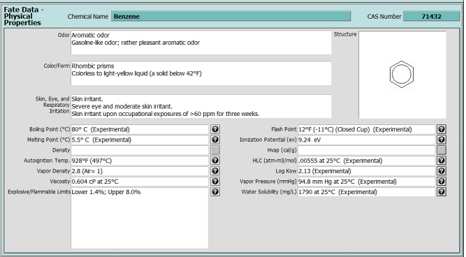 The Physical Properties sub-module of CAFE, showing the chemical properties and structure of benzene.