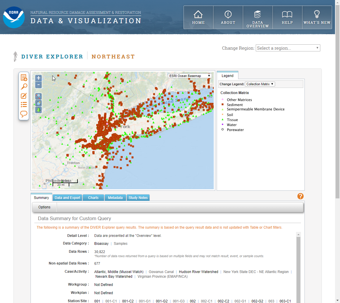 A screenshot of a map on the Data Integration Exploration and Reporting (DIVER) application. 