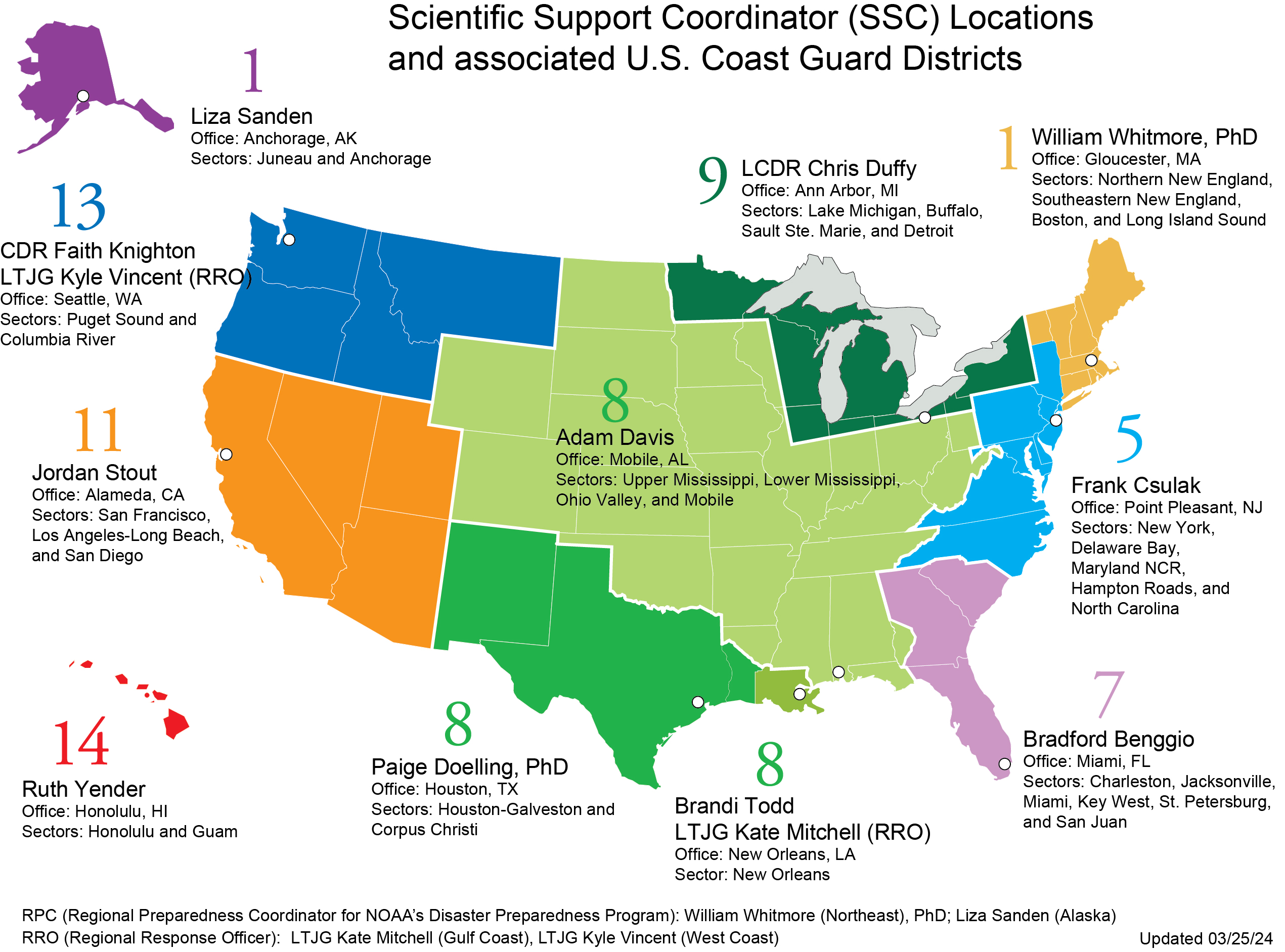 Map of U.S., showing Scientific Support Coordinator (SSC) locations and associated U.S. Coast Guard Districts.