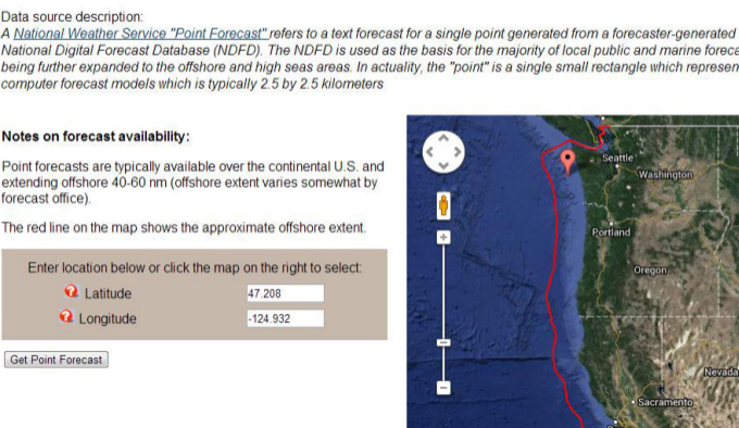 A screenshot from the GOODS website of the interface for downloading a National Weather Service Point Forecast. A point can be selected either by entering latitude/longitude values in the text boxes or by clicking a point on the Google map.