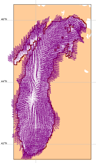 Winds shown as many tiny arrows on a map of Lake Michigan.