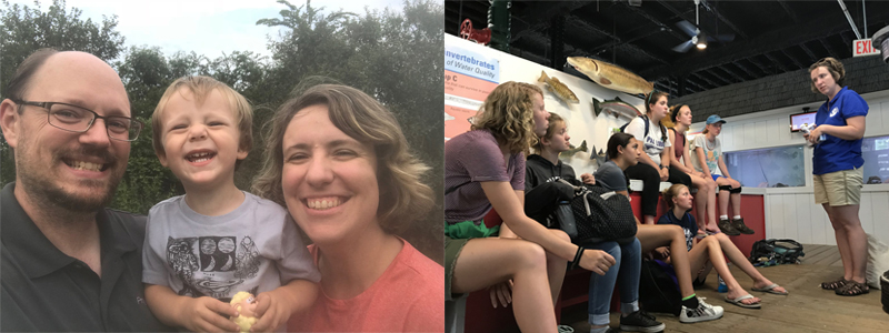 Two photos: Left, a man, a little boy, and a woman. Right, a woman talking to a group of kids.