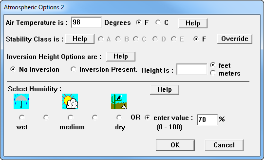On the second Atmospheric Options dialog box, Susan sees the stability class is F, and she enters information about air temperature, inversion height, and humidity.