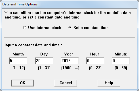 On the Date and Time Options dialog box, Susan chooses set a constant time, then enters a date and time. Time is entered using the 24-hour clock.