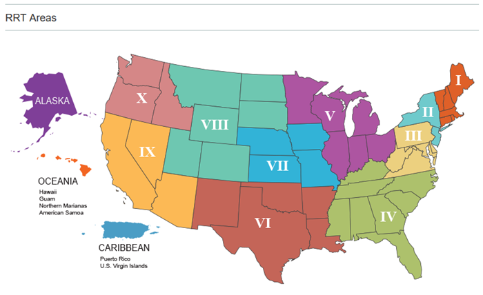 Map of U.S. showing Regional Response Team regions I through X.