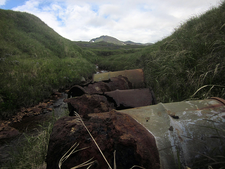 Rusted barrels in the creek bed.