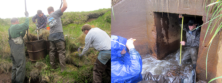 Workers remove rusted drums from the banks of Helmet Creek. People monitoring the streambed regrade.