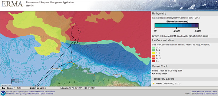 NOAA's online mapping tool Arctic ERMA displays ice conditions, bathymetry (ocean depths), and the ship track of the U.S. Coast Guard Cutter Healy during  the Arctic Technology Evaluation of Arctic Shield 2014.