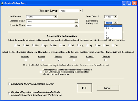 Use the Create a Biology Query dialog box to choose the layers and attributes that you want to search for on an Environmental Sensitivity Index map.