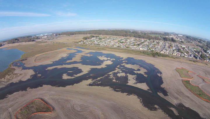 Aerial view of marsh with tide waters channeling across the shore.