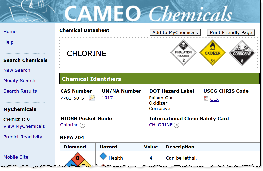 Part of the chlorine chemical datasheet, showing placards, hazard labels, and identification numbers.