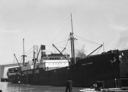 Historical photo of the SS Coast Trader at port in San Francisco.