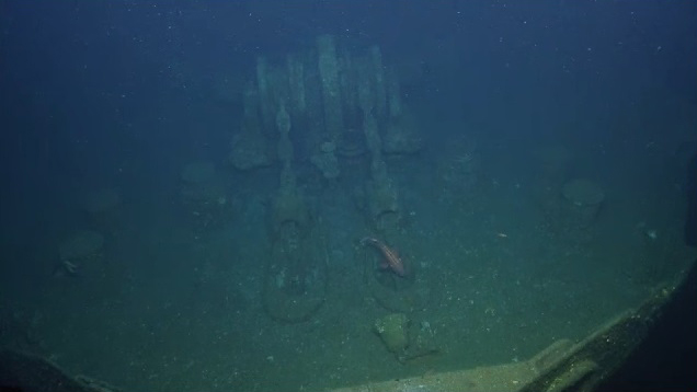 Underwater photo of the deck of the Coast Trader shipwreck, with chains, a fish, and bell in view.