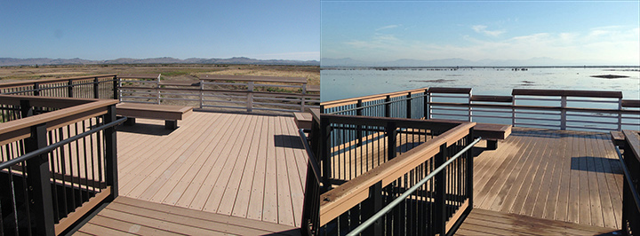 Left: Wildlife viewing platform overlooking dry fields. Right: Wildlife viewing platform overlooking flooded fields.