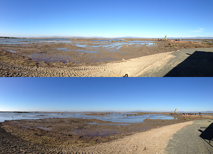 Above: A view of the wet, muddy field about to be flooded. Below: A view of the wet, muddy field with more water in it.