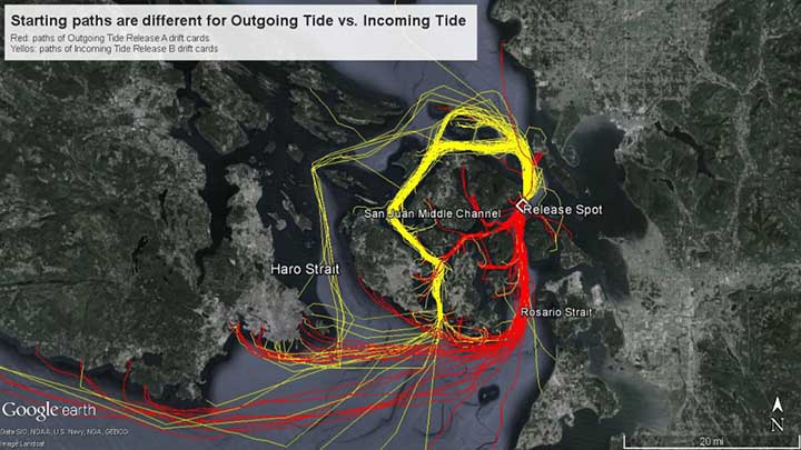 Google Earth view of the differing paths Alek's two drift card releases traveled around Washington's San Juan Islands and Canada's Vancouver Island.