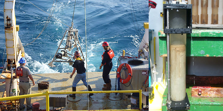 Left, scientists launch seafloor sampling device off a ship into the Gulf of Mexico. Right, sediment core in a sampling device.