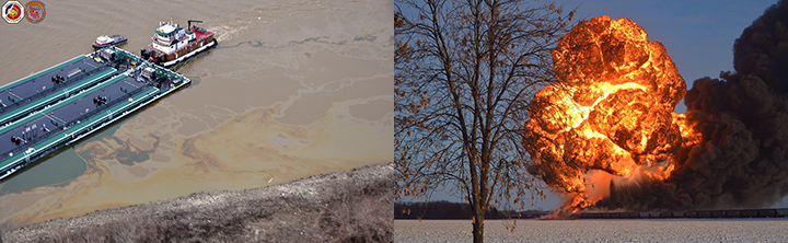 Left, barge leaking oil into river. Right, fireball exploding above trains.