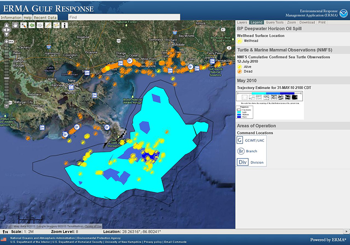 The Deepwater Horizon/BP spill public ERMA site showing satellite imagery and bathymetry, forecasted paths of oil, command post locations, and sea turtle observations. Unlike a static map, the user is able to turn on any layers and zoom to their area of interest. Click image to enlarge. (NOAA)