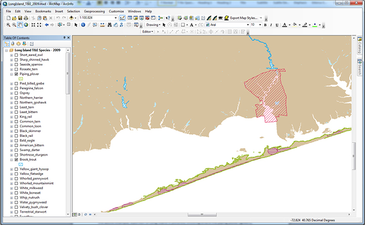 Screen capture of Environmental Sensitivity Map showing habitat of some threatened and endangered species, indicated by the blue, red, maroon, and green coloration, found in the Great South Bay of Long Island Sound, New York.