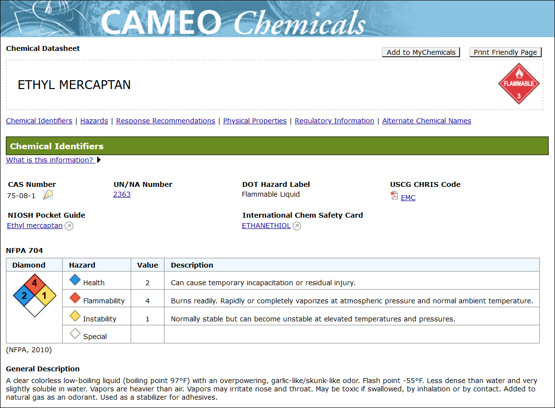 An excerpt from the CAMEO Chemicals datasheet for ethyl mercaptan. The general description indicates that the chemical has a strong, unpleasant smell and it may be toxic by inhalation.