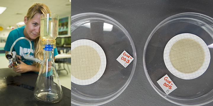 Left: A young woman uses a vaccum pump to filter water into a flask in a lab. Right: Two pieces of filter paper with dried sea salt and microplastics inside two petri dishes.