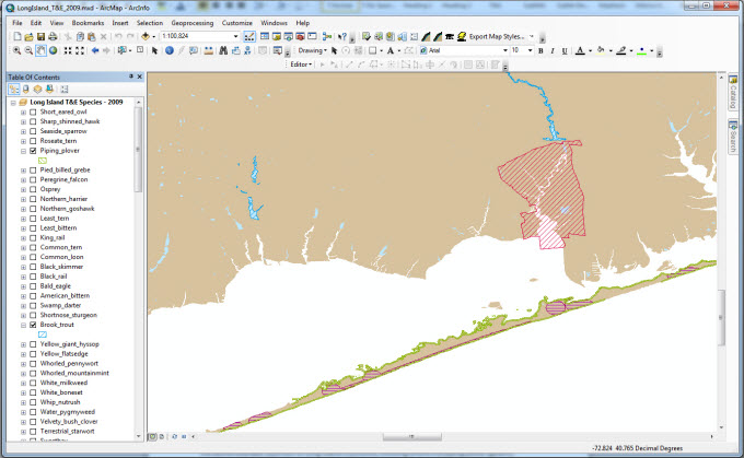 Screenshot from the Long Island Sound Threatened and Endangered Species geodatabase, showing some threatened/endangered species found in Great South Bay.