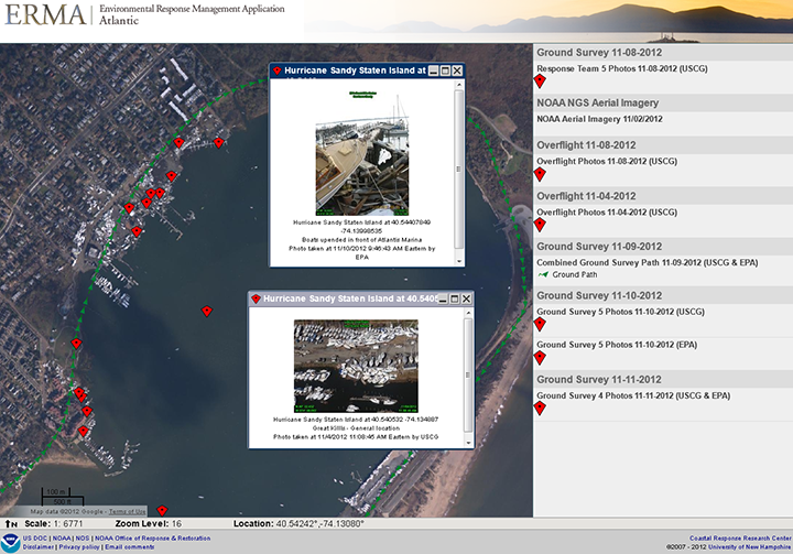 A view of Atlantic ERMA showing Coast Guard field team photos and the aerial survey path taken at Great Kills Harbor Marina.