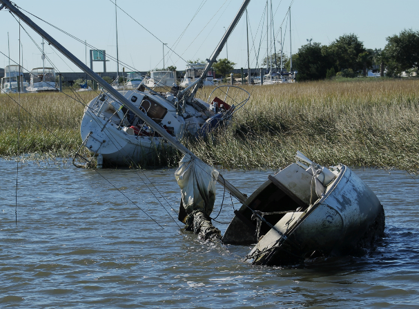 Two derelict vessels in a marsh area.