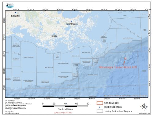 A map marking the Mississippi Canyon Block 209 in relation to New Orleans. 