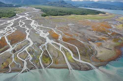 An aerial image of a shoreline.