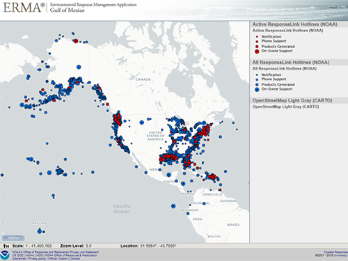 Map of North America in ERMA showing dots. 