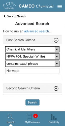 Screenshot from the CAMEO Chemicals mobile app.