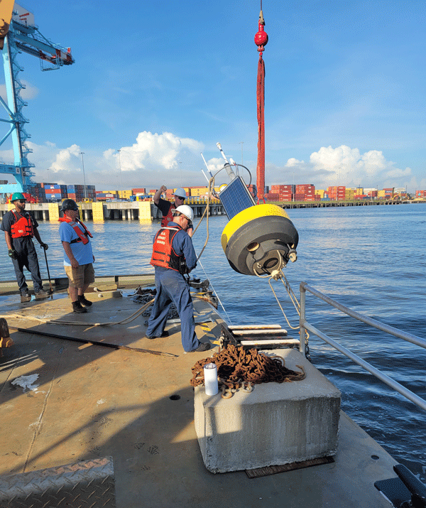 A large piece of equipment being deployed from a dock. 