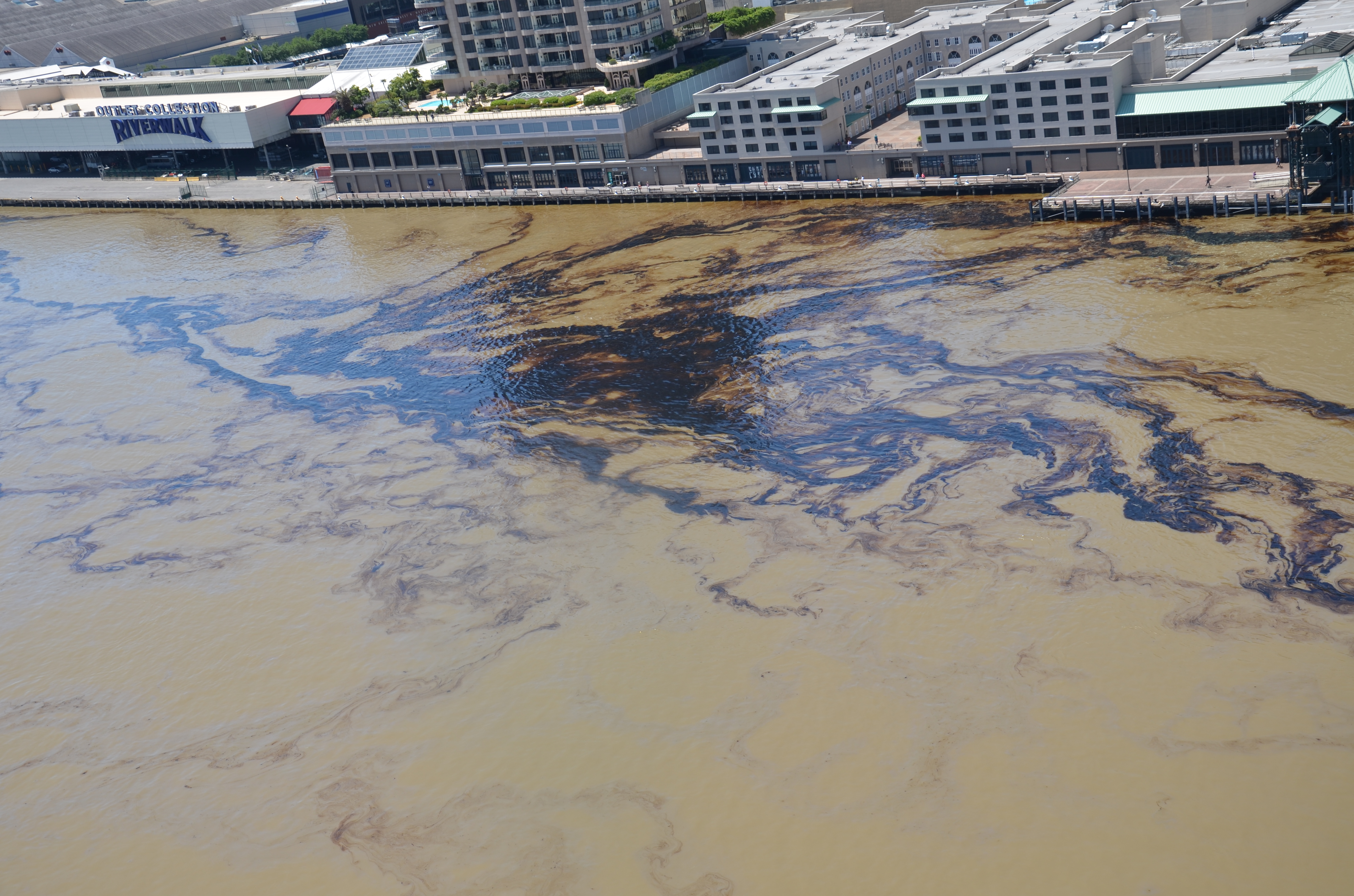 Oil in water along an urban shoreline.