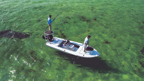 Overhead view of two people on a boat on the water.