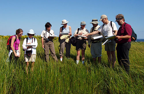 Group of people with notebooks standing in a grassy area. 