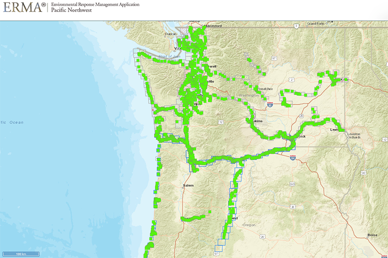 A map of the Pacific Northwest with areas outlined in green.